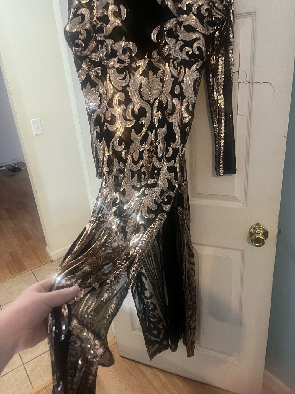 Fashion Nova Black and Gold Sequin Asymmetrical Deep V Gown - Picture 2 of 6